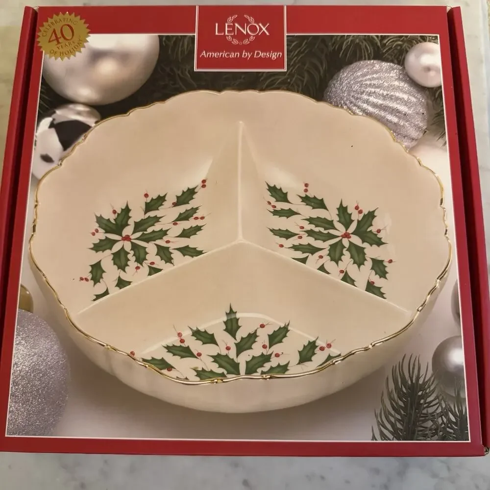 Lenox For The Holidays‎ Holly 3 Part Divided Snack Server Scalloped Edge 9